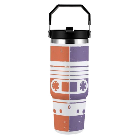 RKSupls 30oz Tumbler with Handle and Straw, Cassette Tape Retro Split Stainless Steel Insulated Travel Cup, Leak-Resistant Thermal Mug for Hot Cold Drinks