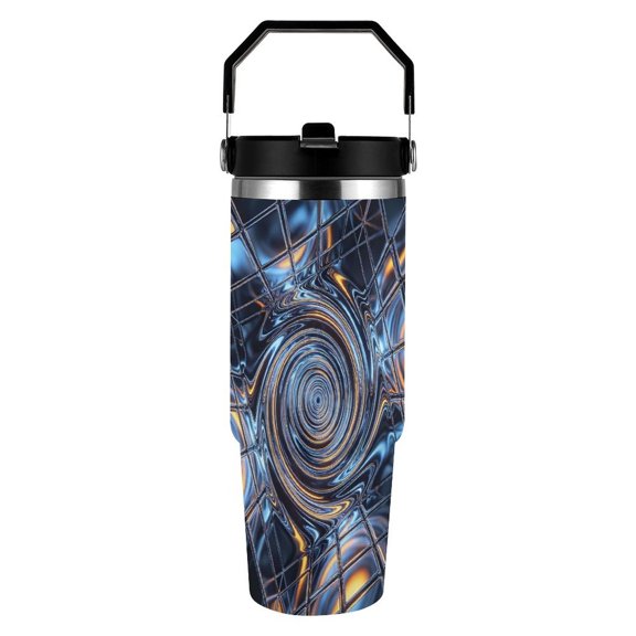 RKSupls 30oz Tumbler with Handle and Straw, Chrome Grid Spiral Vortex Stainless Steel Insulated Travel Cup, Leak-Resistant Thermal Mug for Hot Cold Drinks