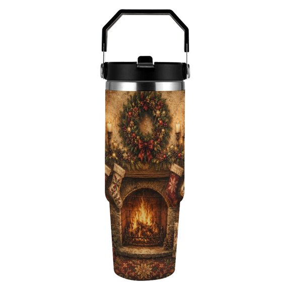 RKSupls 30oz Tumbler with Handle and Straw, Cozy Christmas Fireplace Gift Scene Stainless Steel Insulated Travel Cup, Leak-Resistant Thermal Mug for Hot Cold Drinks