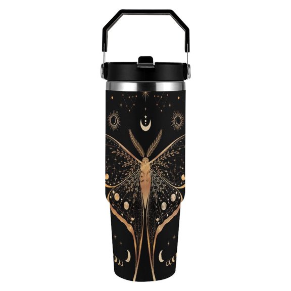 RKSupls 30oz Tumbler with Handle and Straw, Golden Moth Wings Stars Planets Mystical Stainless Steel Insulated Travel Cup, Leak-Resistant Thermal Mug for Hot Cold Drinks