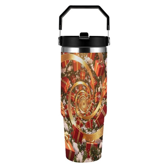 RKSupls 30oz Tumbler with Handle and Straw, Golden Ribbon Gift Vortex Stainless Steel Insulated Travel Cup, Leak-Resistant Thermal Mug for Hot Cold Drinks