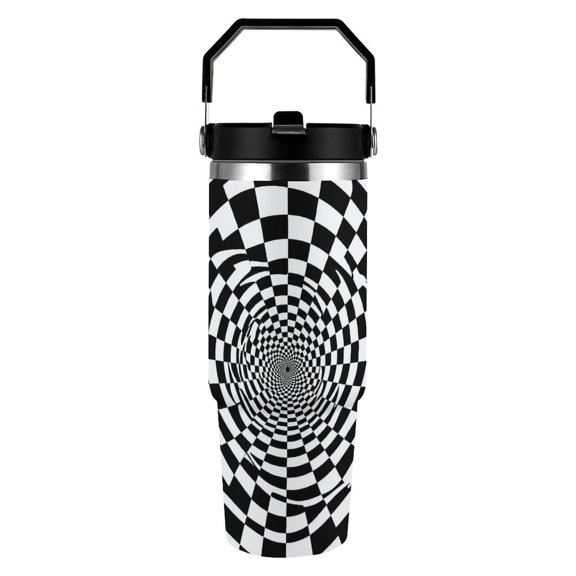 RKSupls 30oz Tumbler with Handle and Straw, Hypnotic Spiral Checkerboard Vortex Stainless Steel Insulated Travel Cup, Leak-Resistant Thermal Mug for Hot Cold Drinks