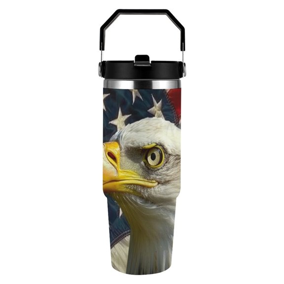 RKSupls 30oz Tumbler with Handle and Straw, Realistic Eagle Head with American Flag Stainless Steel Insulated Travel Cup, Leak-Resistant Thermal Mug for Hot Cold Drinks