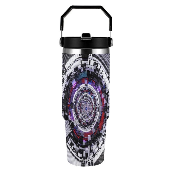 RKSupls 30oz Tumbler with Handle and Straw, Silver Metallic Rings Vortex Stainless Steel Insulated Travel Cup, Leak-Resistant Thermal Mug for Hot Cold Drinks