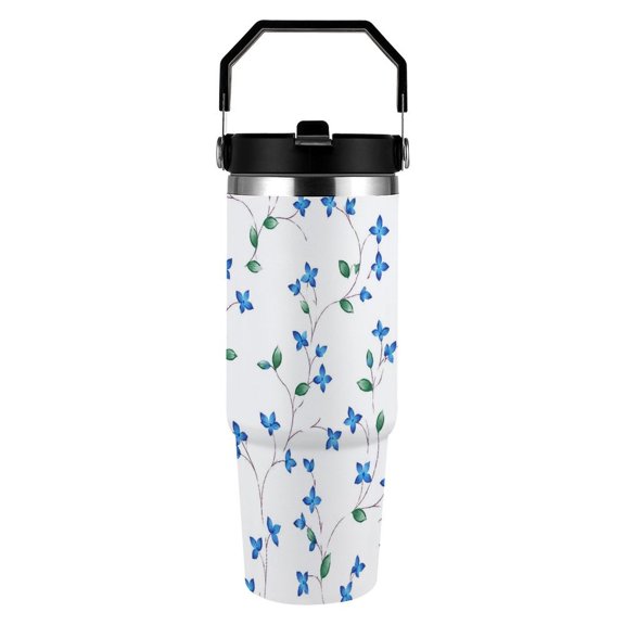 RKSupls 30oz Tumbler with Handle and Straw, Vector Blue Flower Seamless Pattern Stainless Steel Insulated Travel Cup, Leak-Resistant Thermal Mug for Hot Cold Drinks