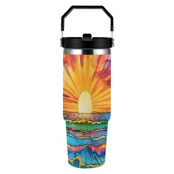 RKSupls 30oz Tumbler with Handle and Straw, Vibrant Sunset Rays Waves Stainless Steel Insulated Travel Cup, Leak-Resistant Thermal Mug for Hot Cold Drinks