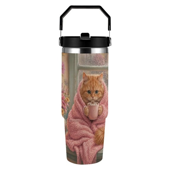 RKSupls 30oz Tumbler with Handle and Straw, Cozy Cat Hot Cocoa Stainless Steel Insulated Travel Cup, Leak-Resistant Thermal Mug for Hot Cold Drinks