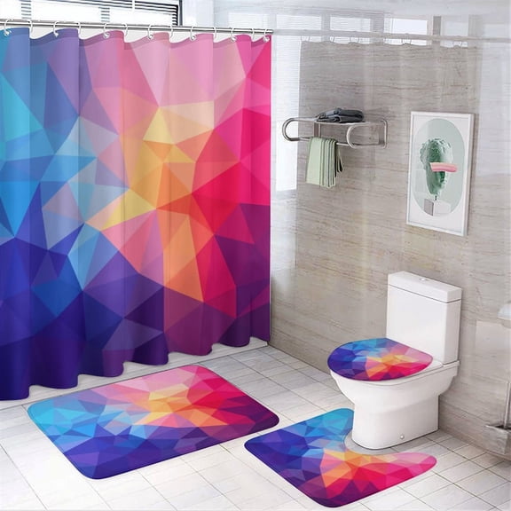 RKSupls 4PCS Abstract Blue Polygon Texture Waterproof Shower Curtain Sets with Hooks,Bathroom Sets with Non-Slip Rugs,Toilet Lid Cover and Bath Mat