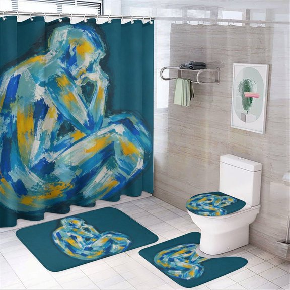 RKSupls 4PCS Abstract Human Profile Waterproof Shower Curtain Sets with Hooks,Bathroom Sets with Non-Slip Rugs,Toilet Lid Cover and Bath Mat