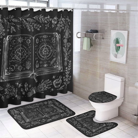 RKSupls 4PCS Alchemy Spell Book Drawing Waterproof Shower Curtain Sets with Hooks,Bathroom Sets with Non-Slip Rugs,Toilet Lid Cover and Bath Mat