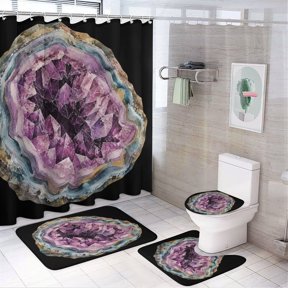 RKSupls 4PCS Amethyst Geode Crystal Watercolor Waterproof Shower Curtain Sets with Hooks,Bathroom Sets with Non-Slip Rugs,Toilet Lid Cover and Bath Mat