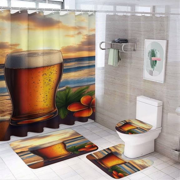 RKSupls 4PCS Beer Glass Beach Sunset Waterproof Shower Curtain Sets with Hooks,Bathroom Sets with Non-Slip Rugs,Toilet Lid Cover and Bath Mat