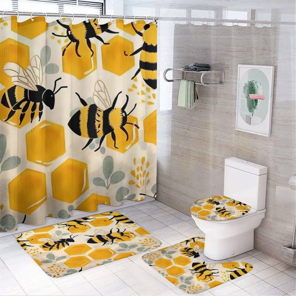 RKSupls 4PCS Bees Honeycomb Yellow Pattern Waterproof Shower Curtain Sets with Hooks,Bathroom Sets with Non-Slip Rugs,Toilet Lid Cover and Bath Mat
