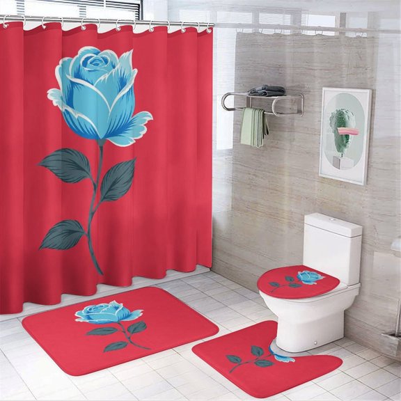 RKSupls 4PCS Blue Rose Red Background Vector Art Waterproof Shower Curtain Sets with Hooks,Bathroom Sets with Non-Slip Rugs,Toilet Lid Cover and Bath Mat