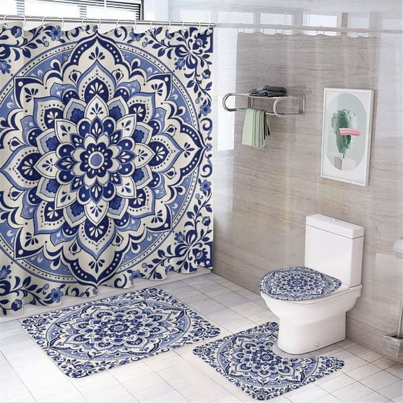 RKSupls 4PCS Blue White Mandala Flower Plate Waterproof Shower Curtain Sets with Hooks,Bathroom Sets with Non-Slip Rugs,Toilet Lid Cover and Bath Mat