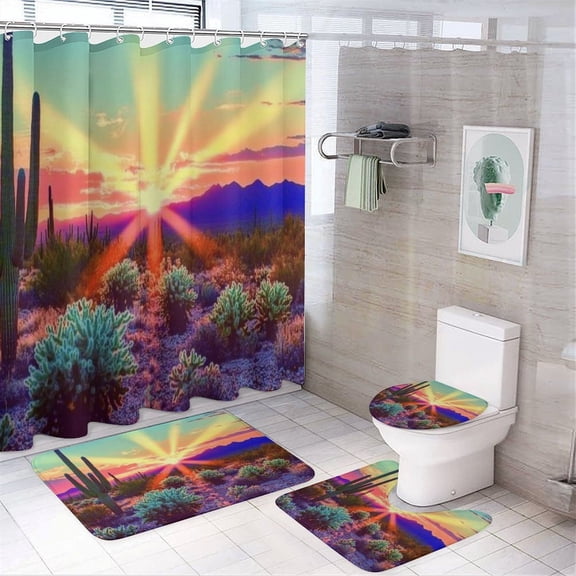 RKSupls 4PCS Cactus Desert Sunset Rays Waterproof Shower Curtain Sets with Hooks,Bathroom Sets with Non-Slip Rugs,Toilet Lid Cover and Bath Mat