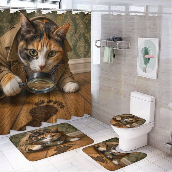 RKSupls 4PCS Calico Cat Detective Magnifying Glass Waterproof Shower Curtain Sets with Hooks,Bathroom Sets with Non-Slip Rugs,Toilet Lid Cover and Bath Mat