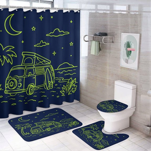 RKSupls 4PCS Camper Van Beach Night Waterproof Shower Curtain Sets with Hooks,Bathroom Sets with Non-Slip Rugs,Toilet Lid Cover and Bath Mat