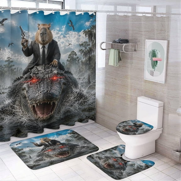 RKSupls 4PCS Capybara Suit Alligator Swamp Waterproof Shower Curtain Sets with Hooks,Bathroom Sets with Non-Slip Rugs,Toilet Lid Cover and Bath Mat