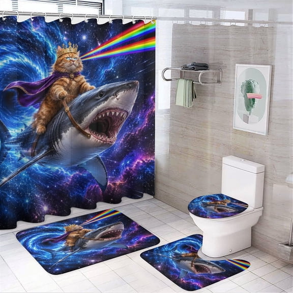 RKSupls 4PCS Cat King Riding Space Shark With Rainbow Beam Waterproof Shower Curtain Sets with Hooks,Bathroom Sets with Non-Slip Rugs,Toilet Lid Cover and Bath Mat