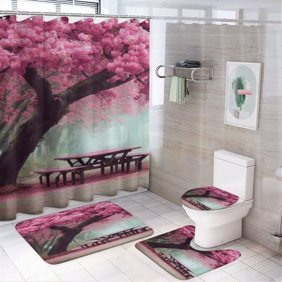 RKSupls 4PCS Cherry Blossom Picnic Table Waterproof Shower Curtain Sets with Hooks,Bathroom Sets with Non-Slip Rugs,Toilet Lid Cover and Bath Mat