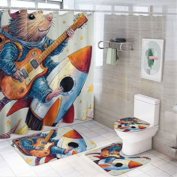 RKSupls 4PCS Christmas Shower Curtain Sets, Cartoon Mouse Shower Curtain Set, Christmas Bathroom Sets with Non-Slip Rugs, Toilet Lid Cover and Bath Mat with Hooks