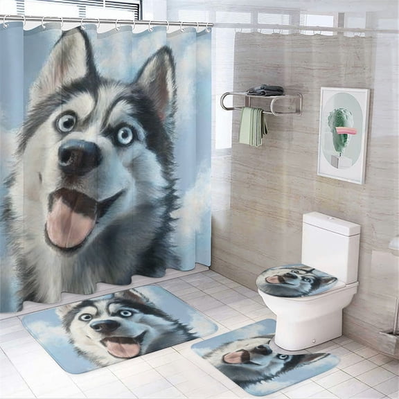 RKSupls 4PCS Christmas Shower Curtain Sets, Cute Husky Shower Curtain Set, Christmas Bathroom Sets with Non-Slip Rugs, Toilet Lid Cover and Bath Mat with Hooks