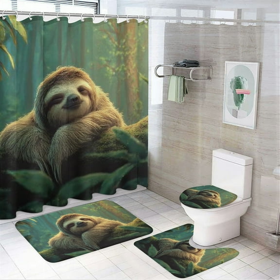 RKSupls 4PCS Christmas Shower Curtain Sets, Cute Lazy Sloth Shower Curtain Set, Happy New Year Bathroom Sets with Non-Slip Rugs, Toilet Lid Cover and Bath Mat with Hooks