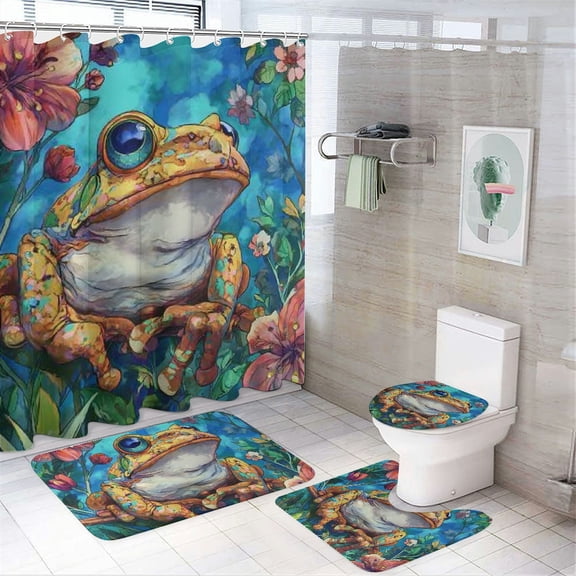 RKSupls 4PCS Christmas Shower Curtain Sets, Frog Curtain Set, Happy New Year Bathroom Sets with Non-Slip Rugs, Toilet Lid Cover and Bath Mat with Hooks