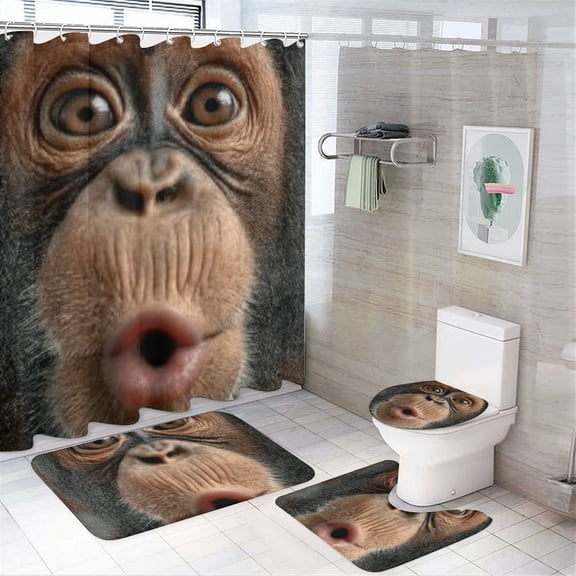 RKSupls 4PCS Christmas Shower Curtain Sets, Funny Monkey Face Shower Curtain Set, Christmas Bathroom Sets with Non-Slip Rugs, Toilet Lid Cover and Bath Mat with Hooks