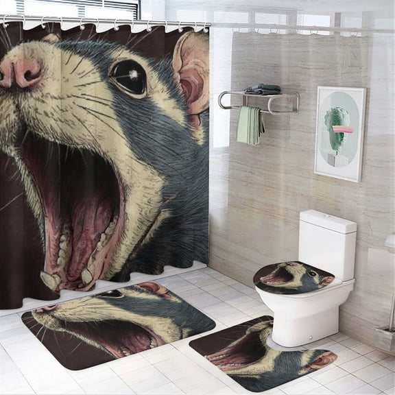 RKSupls 4PCS Christmas Shower Curtain Sets, Funny Opossum Shower Curtain Set, Christmas Bathroom Sets with Non-Slip Rugs, Toilet Lid Cover and Bath Mat with Hooks