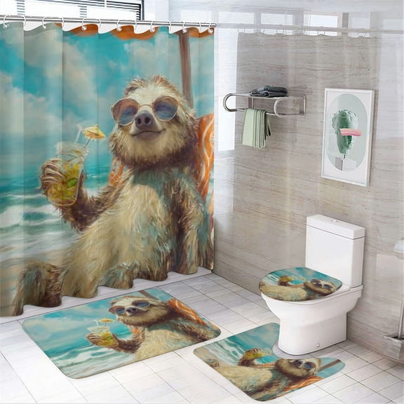 RKSupls 4PCS Christmas Shower Curtain Sets, Lovely Sloth Curtain Set, Happy New Year Bathroom Sets with Non-Slip Rugs, Toilet Lid Cover and Bath Mat with Hooks