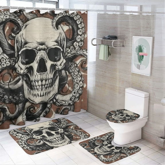 RKSupls 4PCS Christmas Shower Curtain Sets, Octopus Skull Curtain Set, Happy New Year Bathroom Sets with Non-Slip Rugs, Toilet Lid Cover and Bath Mat with Hooks