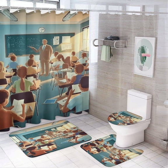 RKSupls 4PCS Classroom Teacher Students Waterproof Shower Curtain Sets with Hooks,Bathroom Sets with Non-Slip Rugs,Toilet Lid Cover and Bath Mat