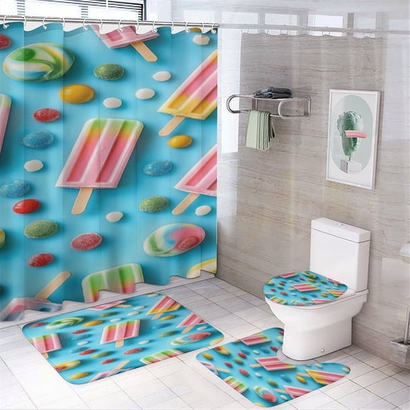 RKSupls 4PCS Colorful Popsicles Candy Waterproof Shower Curtain Sets with Hooks,Bathroom Sets with Non-Slip Rugs,Toilet Lid Cover and Bath Mat