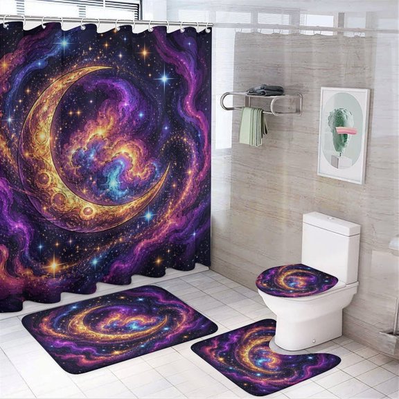 RKSupls 4PCS Cosmic Crescent Moon Galaxy Nebula Waterproof Shower Curtain Sets with Hooks,Bathroom Sets with Non-Slip Rugs,Toilet Lid Cover and Bath Mat