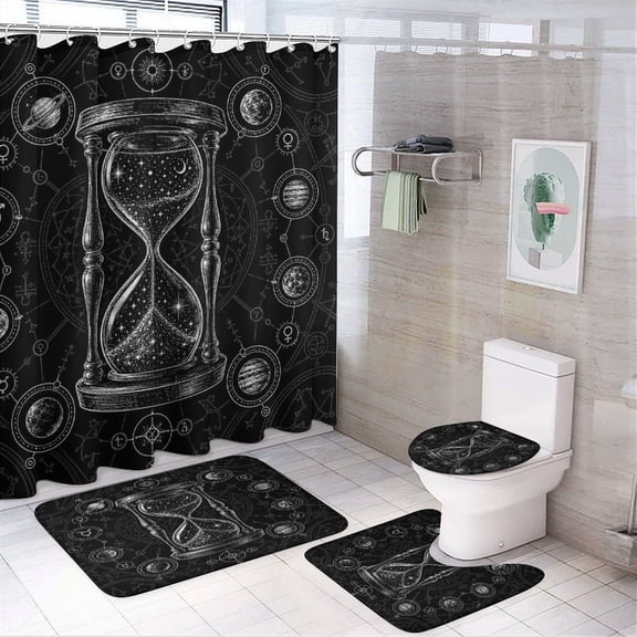 RKSupls 4PCS Cosmic Hourglass Planets Alchemy Waterproof Shower Curtain Sets with Hooks,Bathroom Sets with Non-Slip Rugs,Toilet Lid Cover and Bath Mat