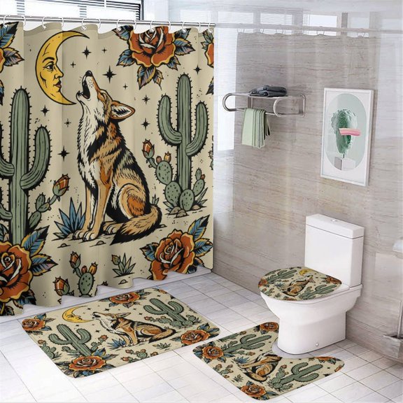 RKSupls 4PCS Coyote Howling Moon Cactus Roses Waterproof Shower Curtain Sets with Hooks,Bathroom Sets with Non-Slip Rugs,Toilet Lid Cover and Bath Mat