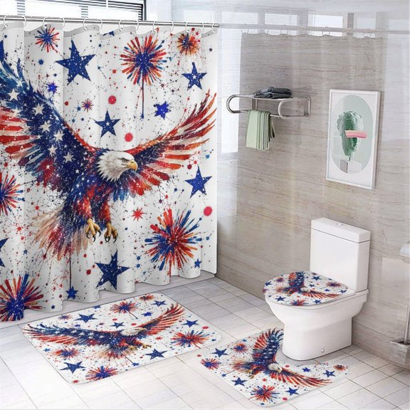 RKSupls 4PCS Eagle Splatter Fireworks Stars White Waterproof Shower Curtain Sets with Hooks,Bathroom Sets with Non-Slip Rugs,Toilet Lid Cover and Bath Mat