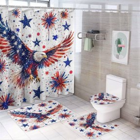 RKSupls 4PCS Eagle Splatter Fireworks Stars White Waterproof Shower Curtain Sets with Hooks,Bathroom Sets with Non-Slip Rugs,Toilet Lid Cover and Bath Mat