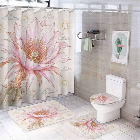 RKSupls 4PCS Giant Cactus Flower Bloom Waterproof Shower Curtain Sets with Hooks,Bathroom Sets with Non-Slip Rugs,Toilet Lid Cover and Bath Mat