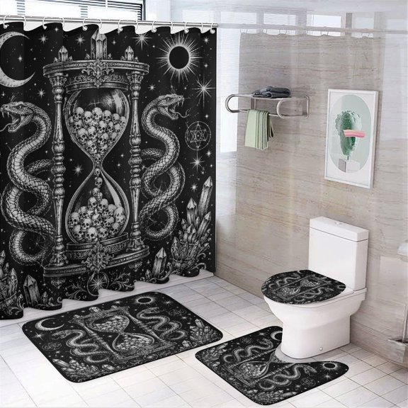 RKSupls 4PCS Gothic Hourglass Skulls Snakes Occult Waterproof Shower Curtain Sets with Hooks,Bathroom Sets with Non-Slip Rugs,Toilet Lid Cover and Bath Mat