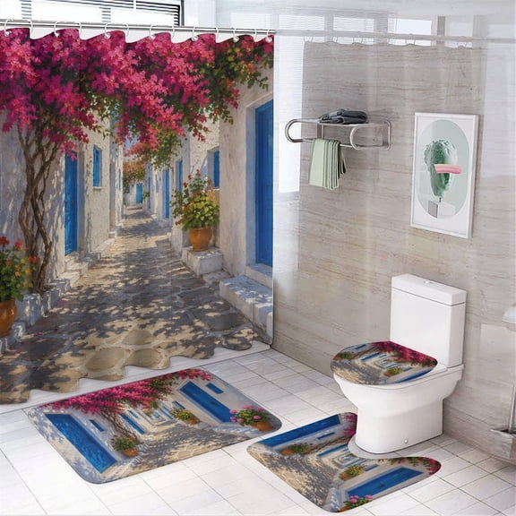 RKSupls 4PCS Greek Cliffside Restaurant Sea View Waterproof Shower Curtain Sets with Hooks,Bathroom Sets with Non-Slip Rugs,Toilet Lid Cover and Bath Mat