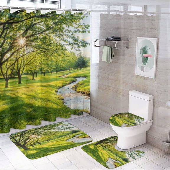 RKSupls 4PCS Green Meadow Stream Sunshine Waterproof Shower Curtain Sets with Hooks,Bathroom Sets with Non-Slip Rugs,Toilet Lid Cover and Bath Mat
