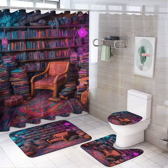 RKSupls 4PCS Magic Library Cave Interior Waterproof Shower Curtain Sets with Hooks,Bathroom Sets with Non-Slip Rugs,Toilet Lid Cover and Bath Mat