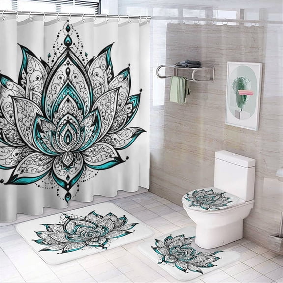RKSupls 4PCS Mandala Lotus Flower Design Waterproof Shower Curtain Sets with Hooks,Bathroom Sets with Non-Slip Rugs,Toilet Lid Cover and Bath Mat