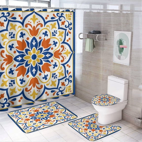 RKSupls 4PCS Mediterranean Square Flower Mandala Waterproof Shower Curtain Sets with Hooks,Bathroom Sets with Non-Slip Rugs,Toilet Lid Cover and Bath Mat