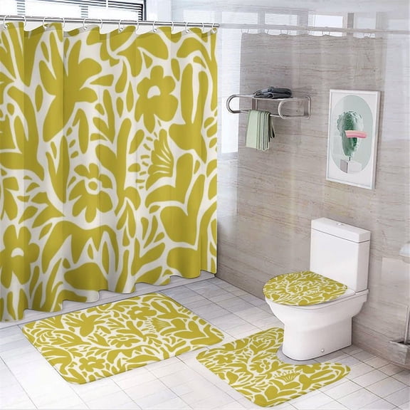RKSupls 4PCS Mint Green Rose Pattern Waterproof Shower Curtain Sets with Hooks,Bathroom Sets with Non-Slip Rugs,Toilet Lid Cover and Bath Mat