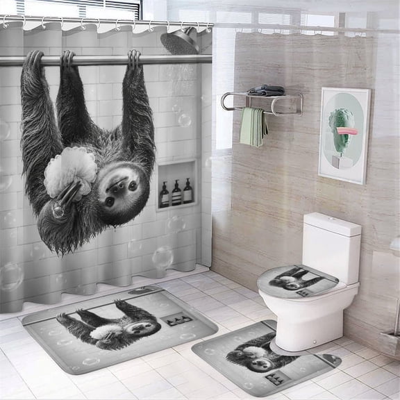 RKSupls 4PCS Monochrome Sloth Shower Loofah Waterproof Shower Curtain Sets with Hooks,Bathroom Sets with Non-Slip Rugs,Toilet Lid Cover and Bath Mat