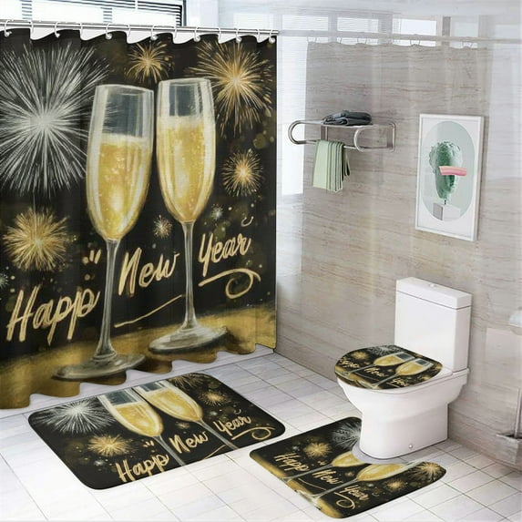 RKSupls 4PCS New Year Shower Curtain Sets, Wine Glass Shower Curtain Set, Christmas Bathroom Sets with Non-Slip Rugs, Toilet Lid Cover and Bath Mat with Hooks